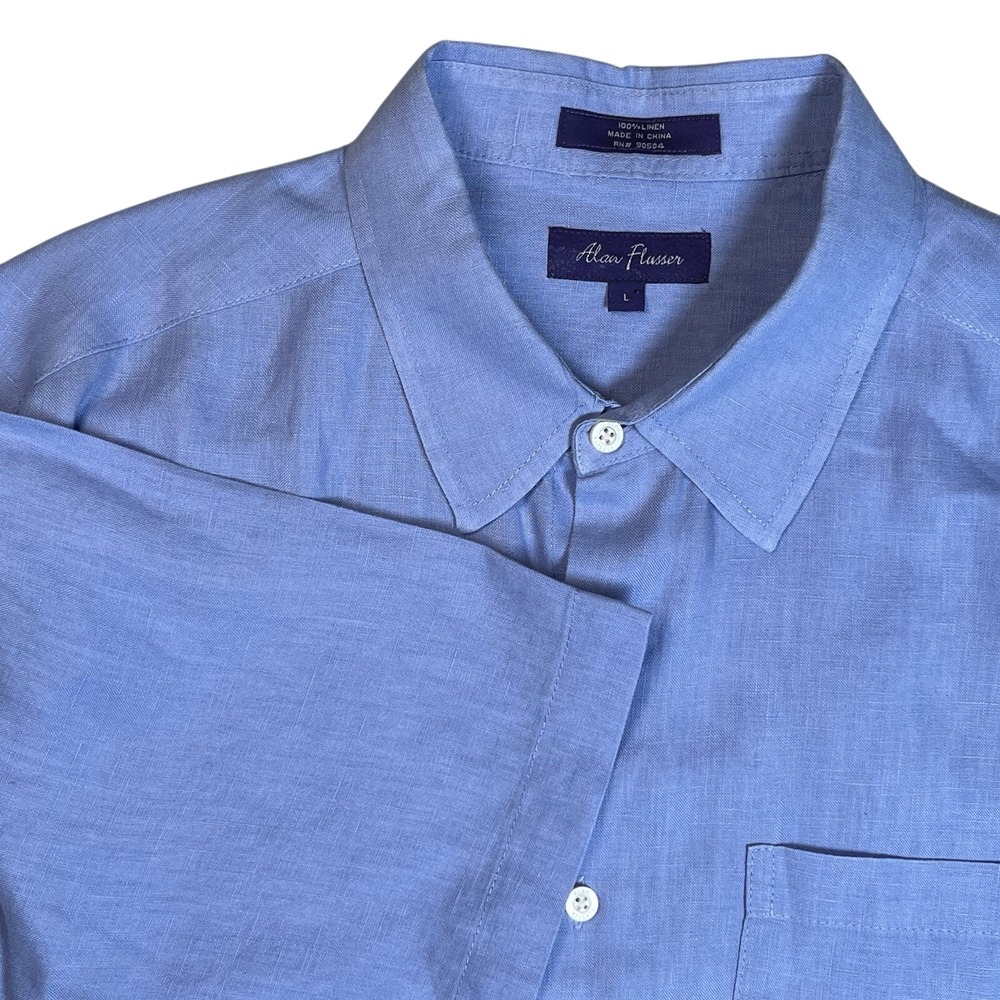 Alan Flusser Men's Blue 100% Linen Short Sleeve Shirt‎ Sz Large Resort Vacation